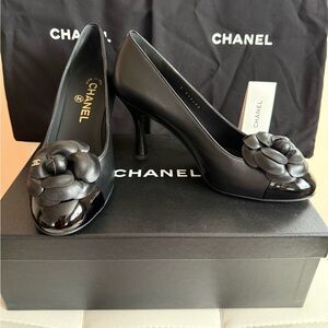CHANEL Black Camellia Heels with Floral Detail